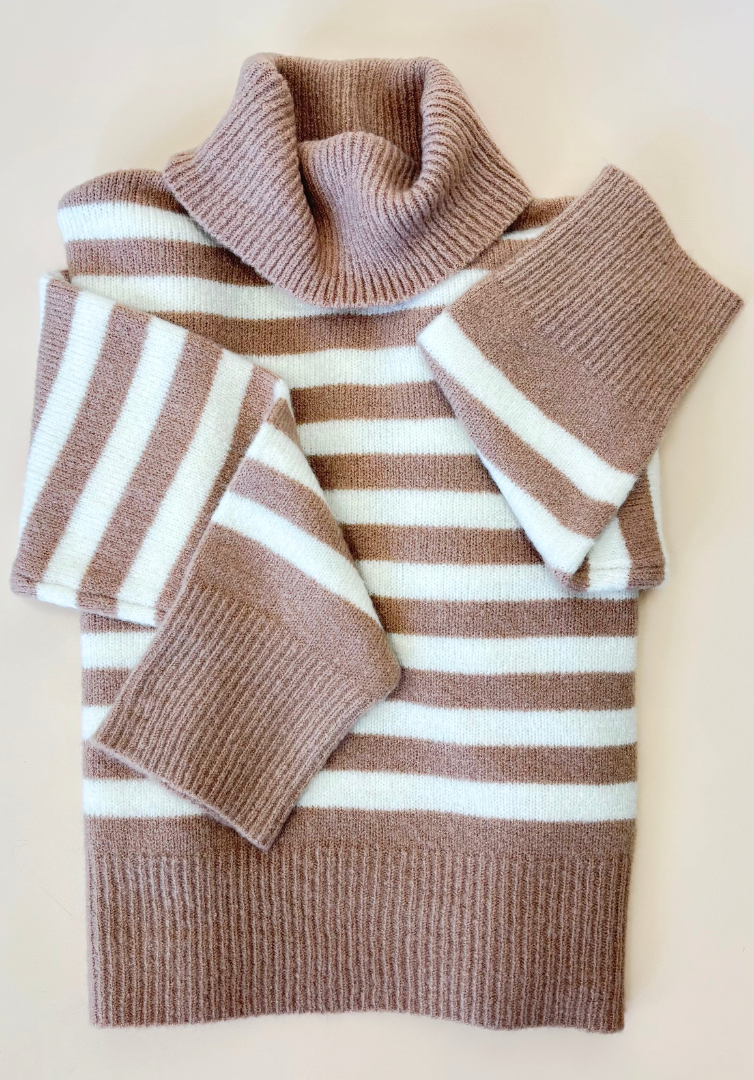 Striped Turtleneck Sweater - Taupe/Cream