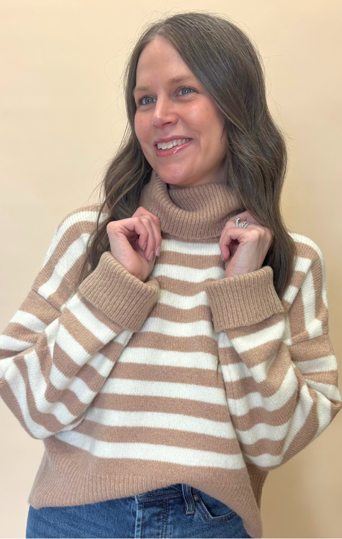 Striped Turtleneck Sweater - Taupe/Cream